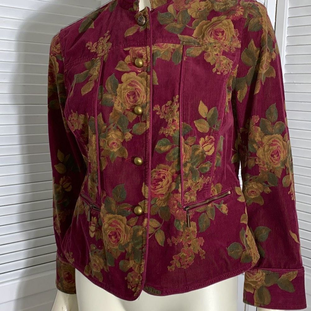Liz Claiborne Wine Floral Corduroy Button Down Jacket Petite Large‎